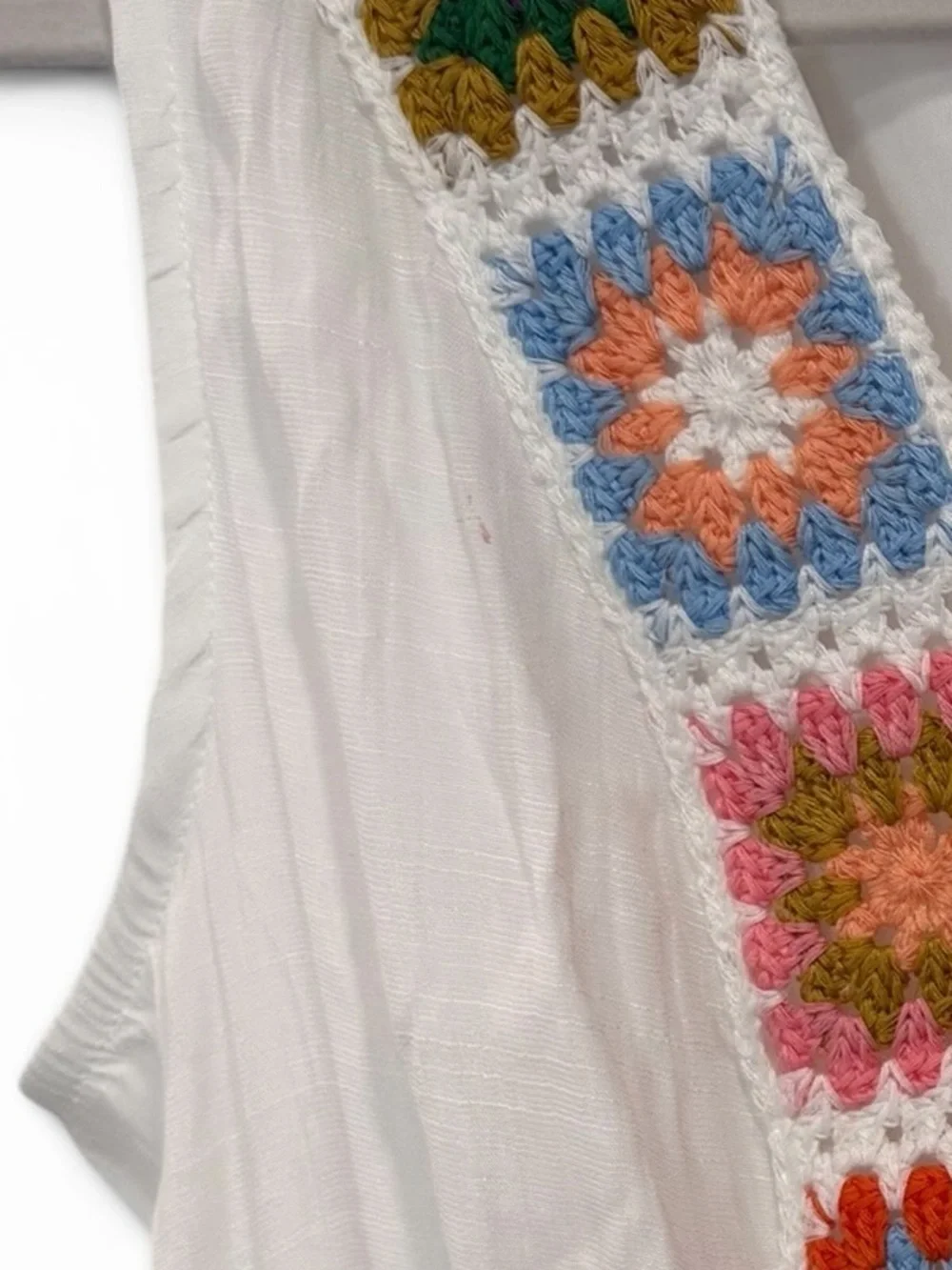 J Gee White Boho Tiered Maxi Dress with Colorful Granny Square Crochet Trim - Picture 10 of 10